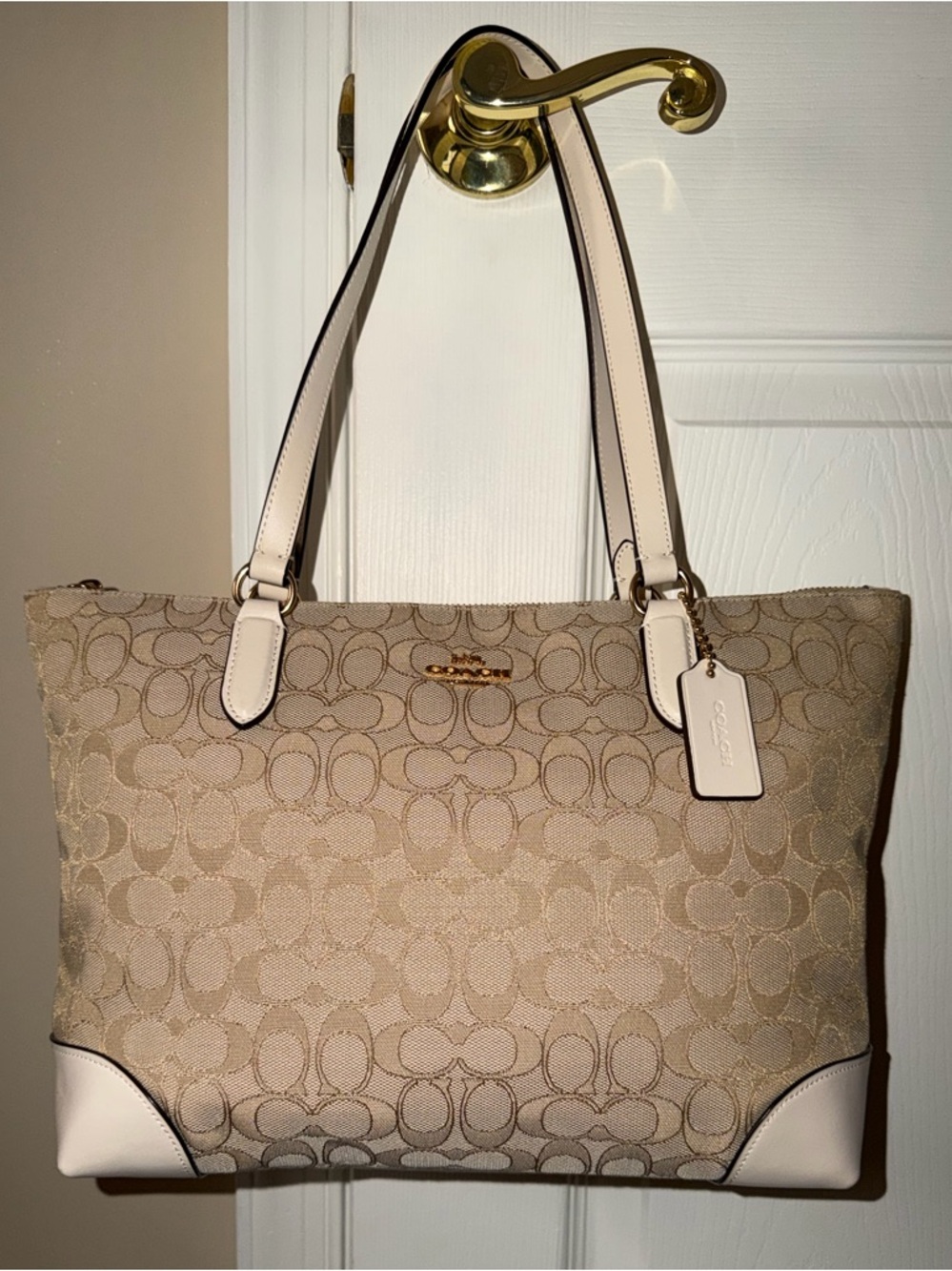 Coach Beige Signature Canvas Tote with Chalk Trim